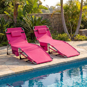 Set of 2 Tanning Chairs with Face Arm Holes Portable with 4-Level Backrest-Pink