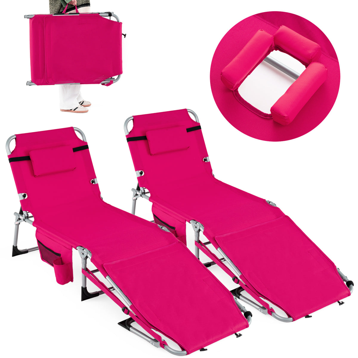 Set of 2 Tanning Chairs with Face Arm Holes Portable with 4-Level Backrest-Pink