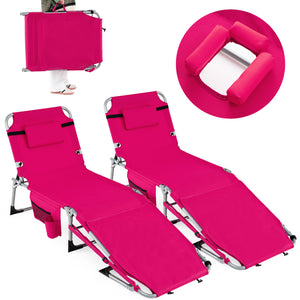 Set of 2 Tanning Chairs with Face Arm Holes Portable with 4-Level Backrest-Pink