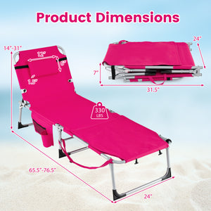 Set of 2 Tanning Chairs with Face Arm Holes Portable with 4-Level Backrest-Pink