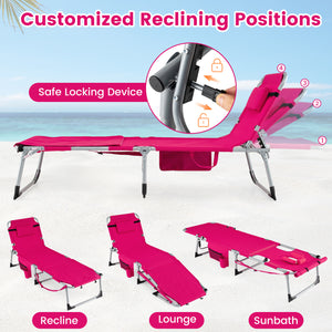 Set of 2 Tanning Chairs with Face Arm Holes Portable with 4-Level Backrest-Pink