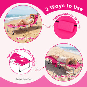 Set of 2 Tanning Chairs with Face Arm Holes Portable with 4-Level Backrest-Pink