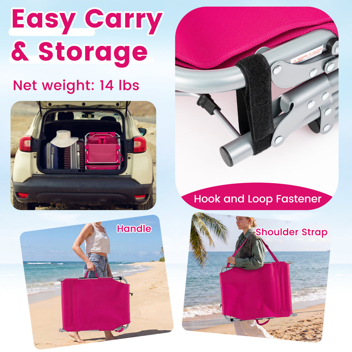 Set of 2 Tanning Chairs with Face Arm Holes Portable with 4-Level Backrest-Pink
