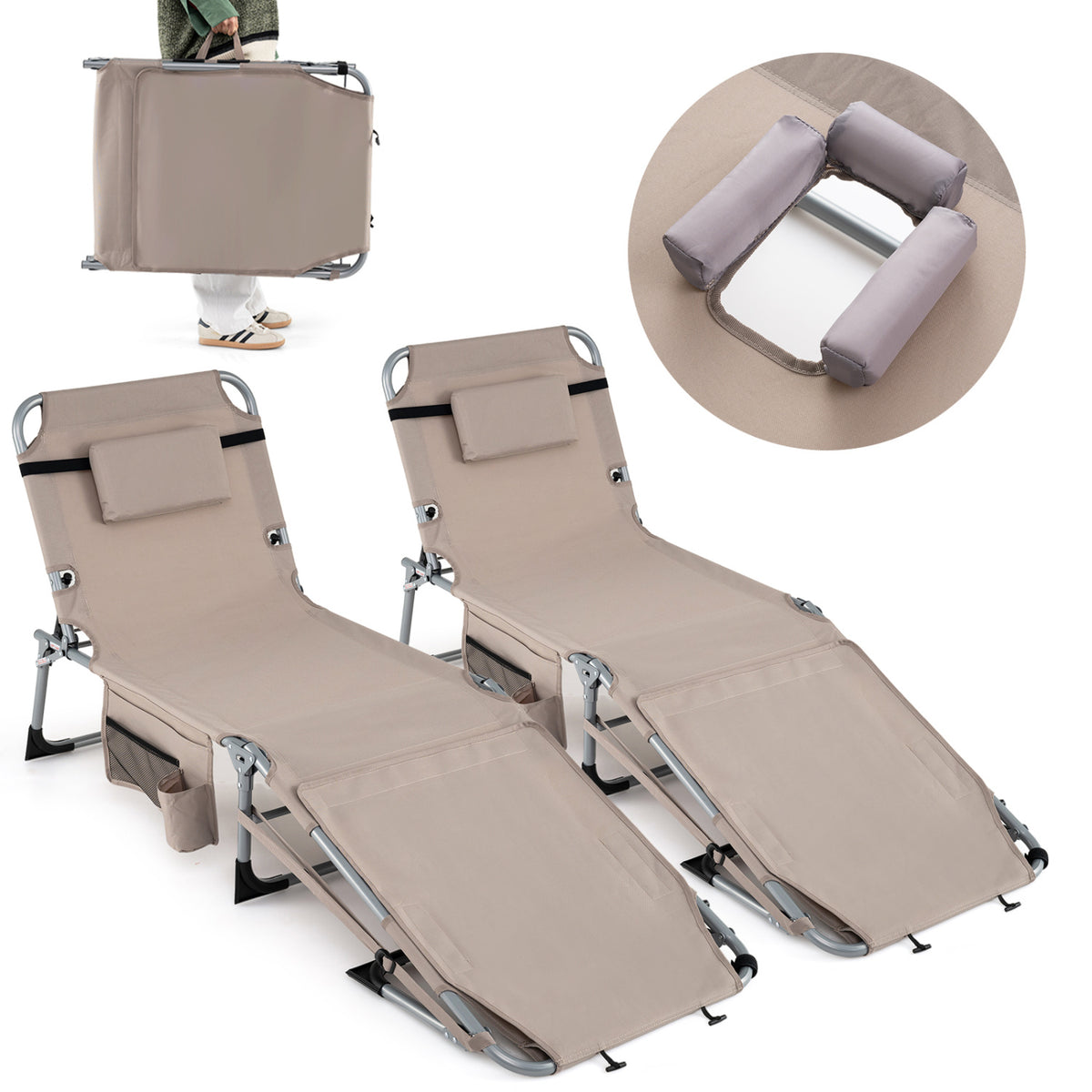 Set of 2 Tanning Chairs with Face Arm Holes Portable with 4-Level Backrest-Beige