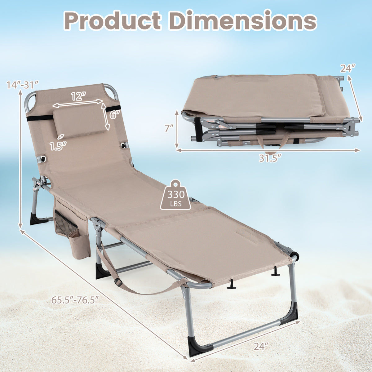 Set of 2 Tanning Chairs with Face Arm Holes Portable with 4-Level Backrest-Beige
