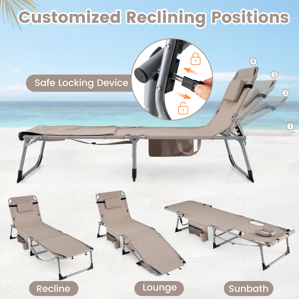 Set of 2 Tanning Chairs with Face Arm Holes Portable with 4-Level Backrest-Beige