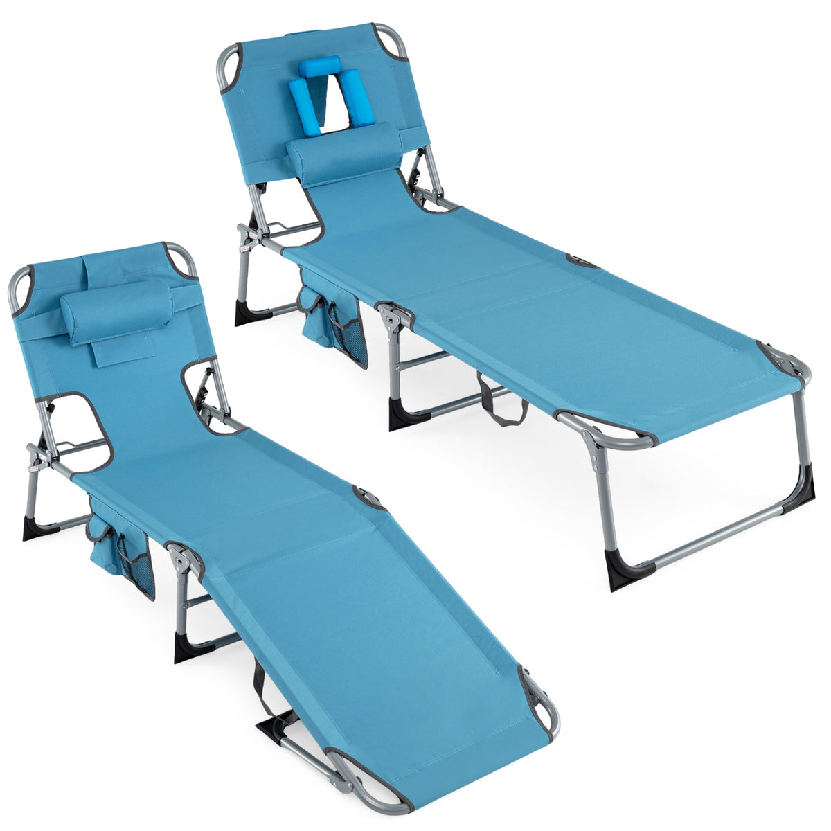 Set of 2 Tanning Chair Portable Chaise Lounge Chair with 4-Position Adjustable Backrest-Navy