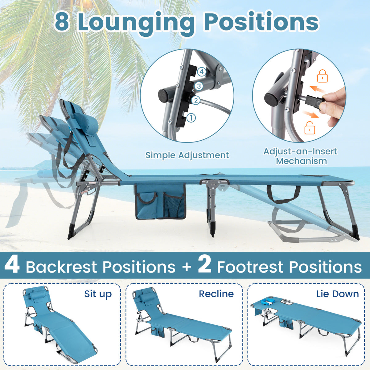 Set of 2 Tanning Chair Portable Chaise Lounge Chair with 4-Position Adjustable Backrest-Navy