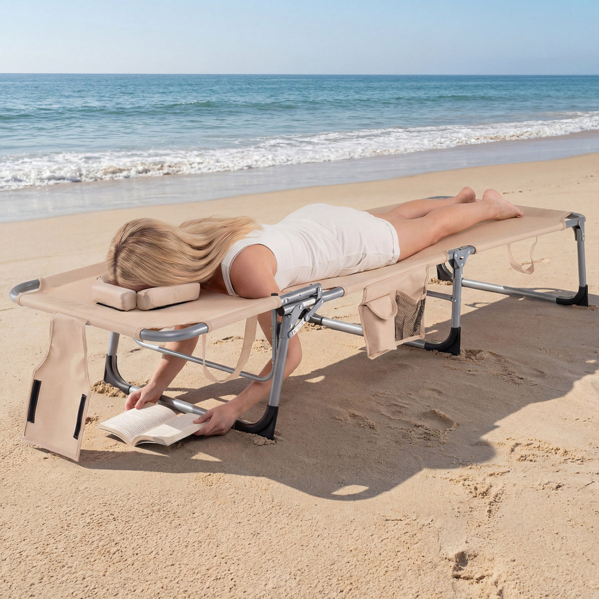 Set of 2 Tanning Chair Portable Chaise Lounge Chair with 4-Position Adjustable Backrest-Beige