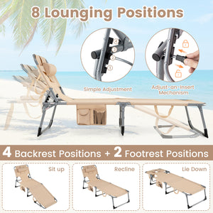 Set of 2 Tanning Chair Portable Chaise Lounge Chair with 4-Position Adjustable Backrest-Beige
