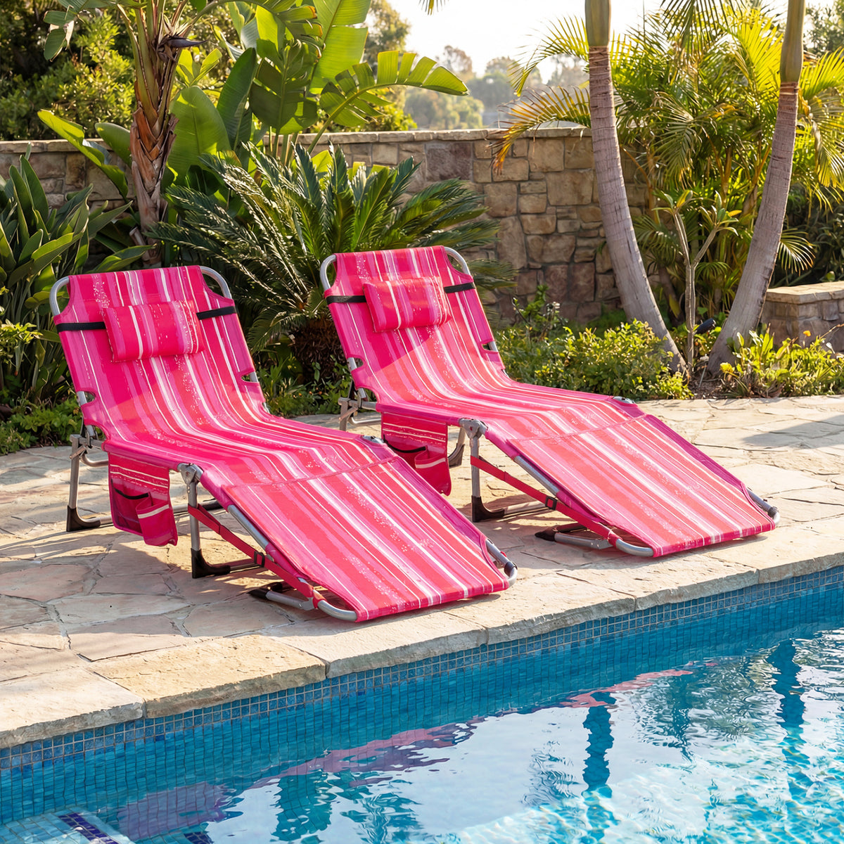 Set of 2 Tanning Chairs with Face Arm Holes Portable with 4-Level Backrest-Pink Strip