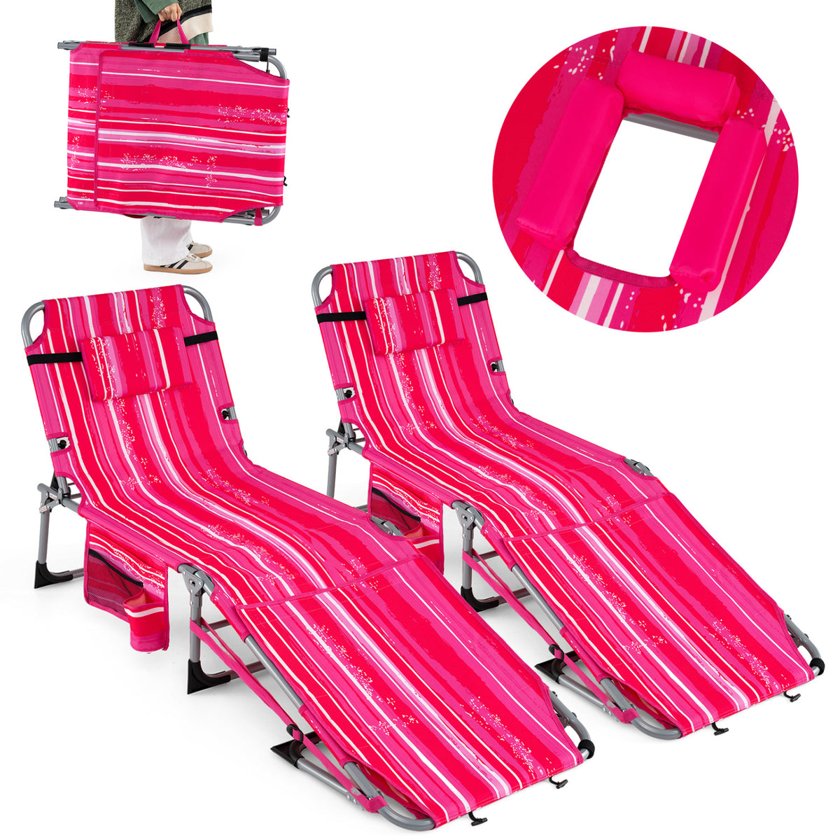 Set of 2 Tanning Chairs with Face Arm Holes Portable with 4-Level Backrest-Pink Strip
