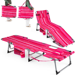 Set of 2 Tanning Chairs with Face Arm Holes Portable with 4-Level Backrest-Pink Strip