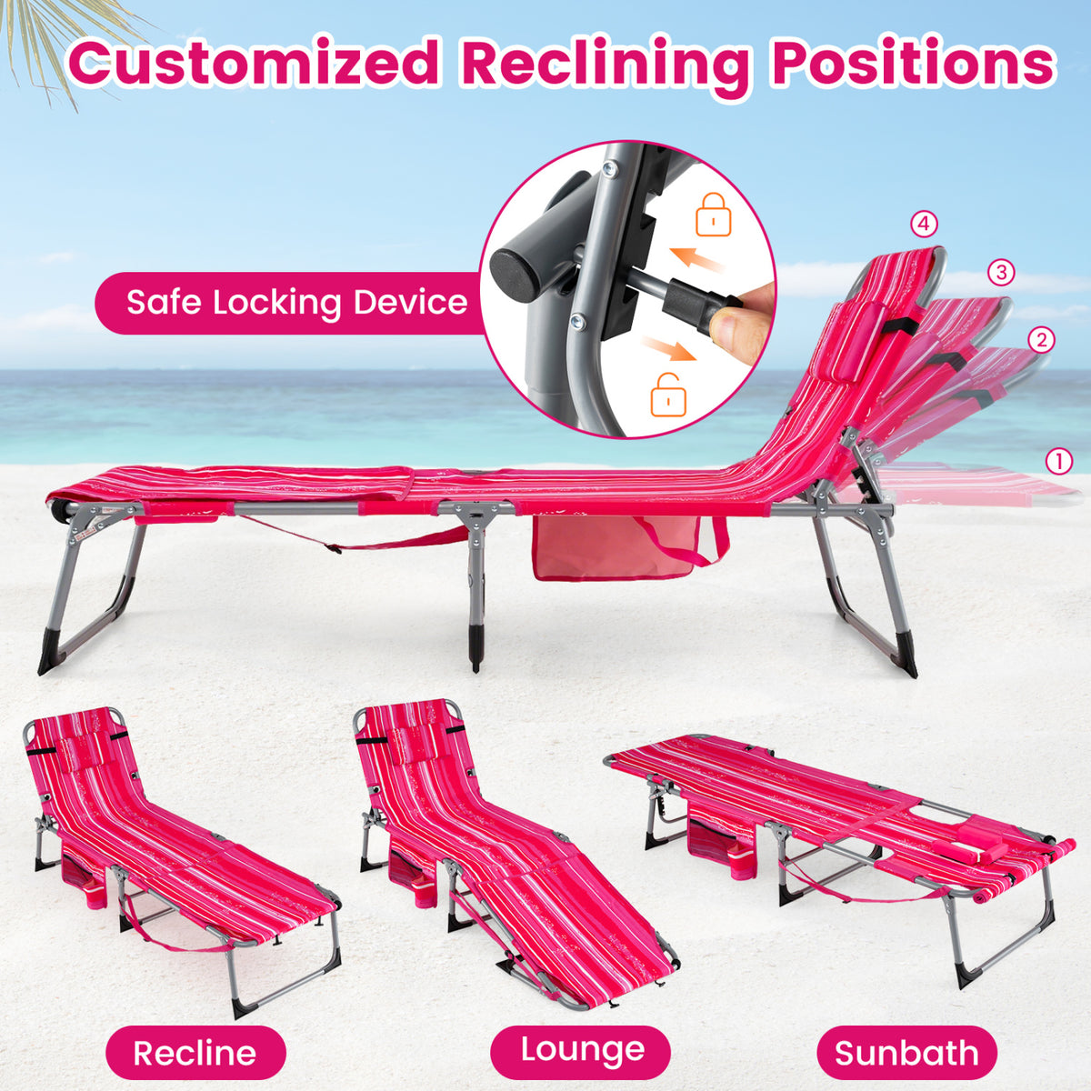 Set of 2 Tanning Chairs with Face Arm Holes Portable with 4-Level Backrest-Pink Strip