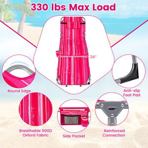 Set of 2 Tanning Chairs with Face Arm Holes Portable with 4-Level Backrest-Pink Strip
