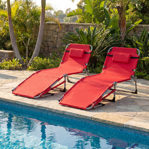 Set of 2 Tanning Chairs with Face Arm Holes Portable with 4-Level Backrest-Red