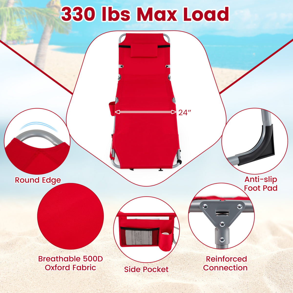 Set of 2 Tanning Chairs with Face Arm Holes Portable with 4-Level Backrest-Red