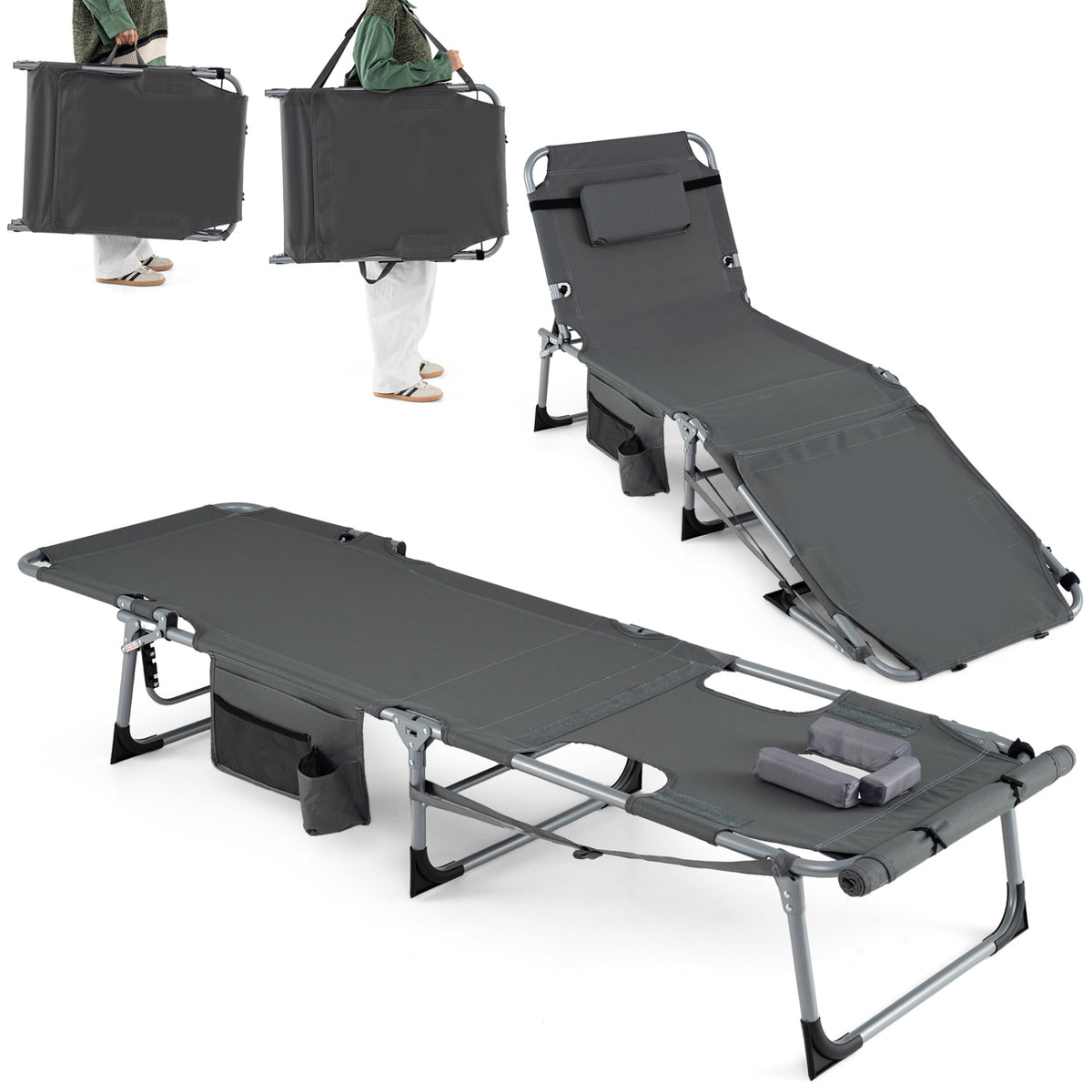 Set of 2 Tanning Chairs with Face Arm Holes Portable with 4-Level Backrest-Gray