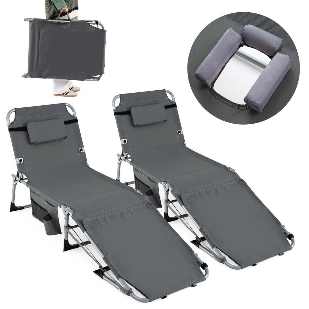 Set of 2 Tanning Chairs with Face Arm Holes Portable with 4-Level Backrest-Gray