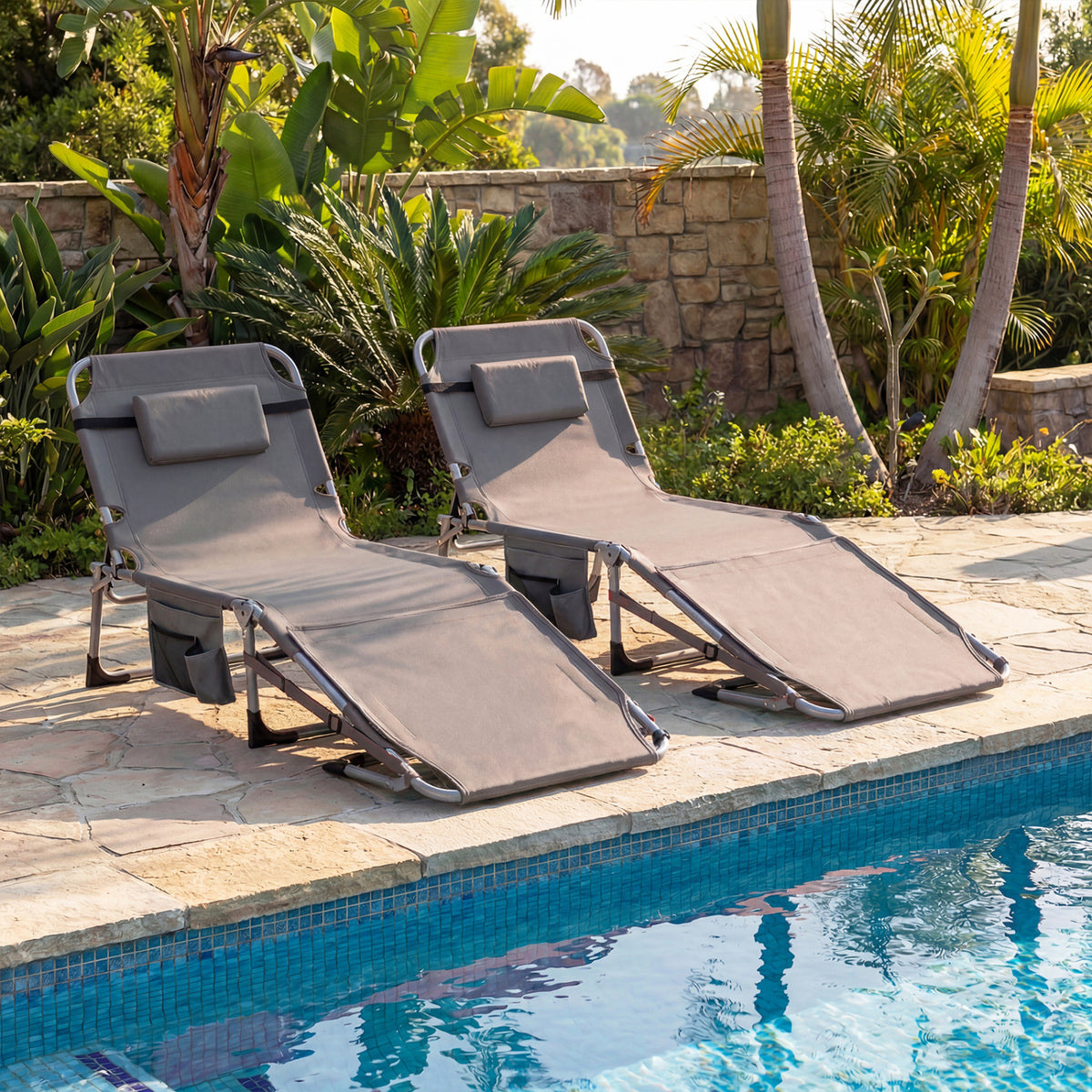 Set of 2 Tanning Chairs with Face Arm Holes Portable with 4-Level Backrest-Gray