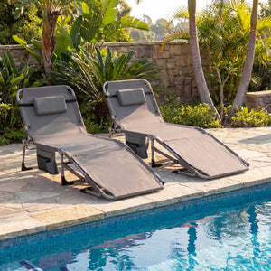 Set of 2 Tanning Chairs with Face Arm Holes Portable with 4-Level Backrest-Gray