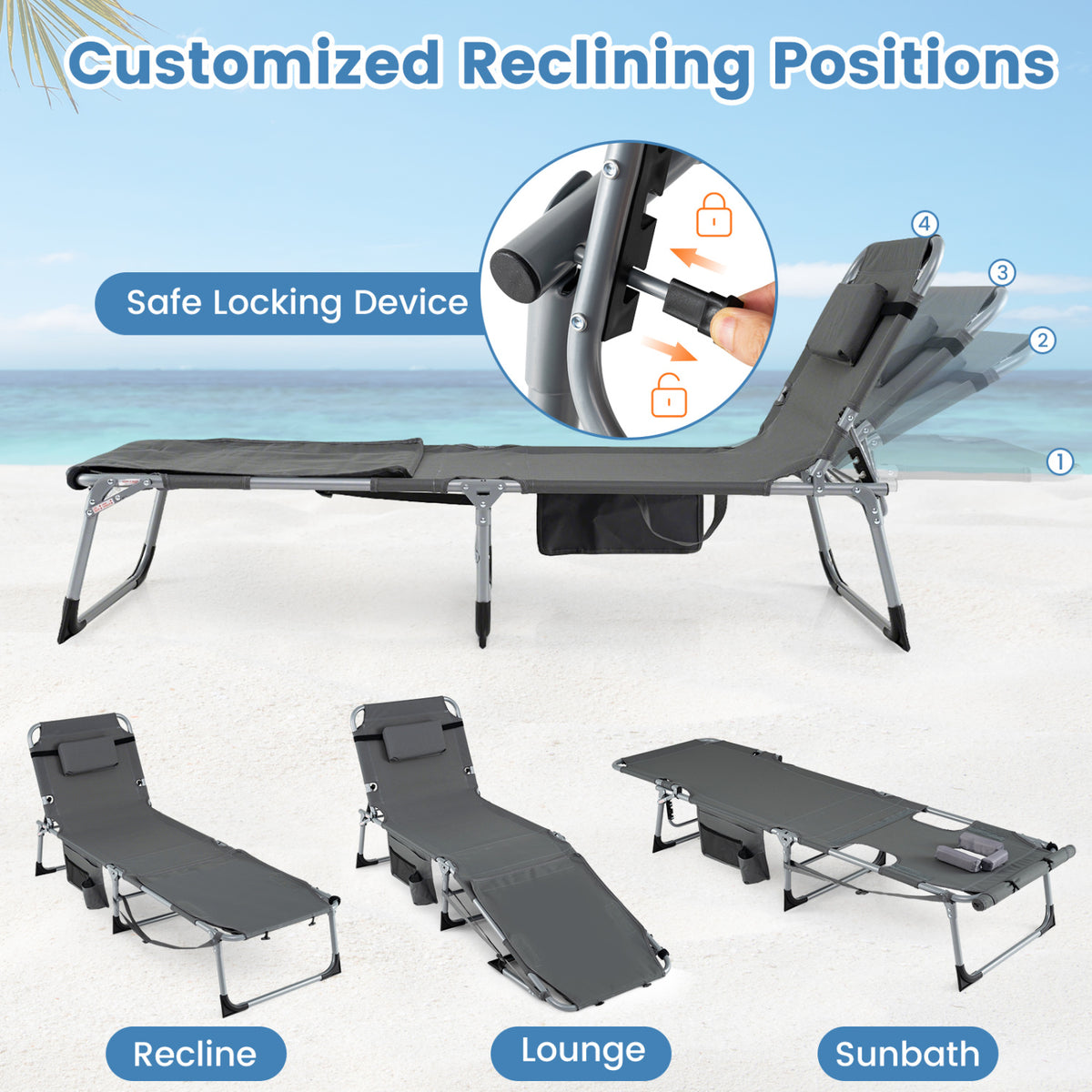 Set of 2 Tanning Chairs with Face Arm Holes Portable with 4-Level Backrest-Gray