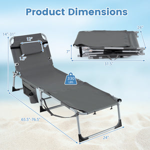 Set of 2 Tanning Chairs with Face Arm Holes Portable with 4-Level Backrest-Gray