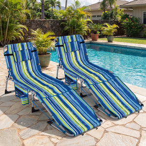 Set of 2 Tanning Chairs with Face Arm Holes Portable with 4-Level Backrest-Blue & Green