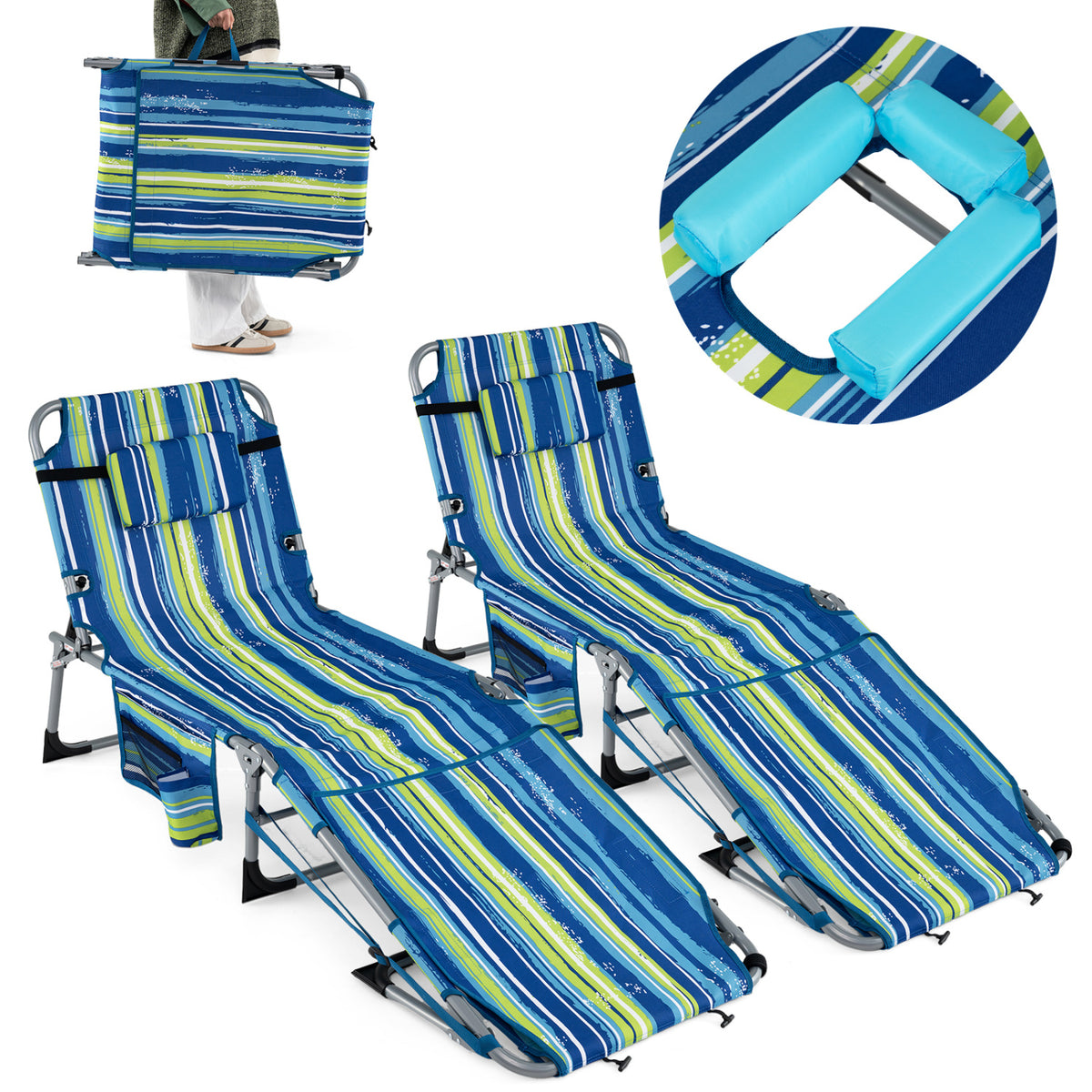 Set of 2 Tanning Chairs with Face Arm Holes Portable with 4-Level Backrest-Blue & Green
