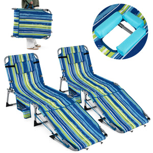 Set of 2 Tanning Chairs with Face Arm Holes Portable with 4-Level Backrest-Blue & Green