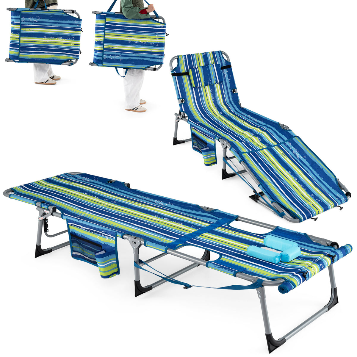 Set of 2 Tanning Chairs with Face Arm Holes Portable with 4-Level Backrest-Blue & Green