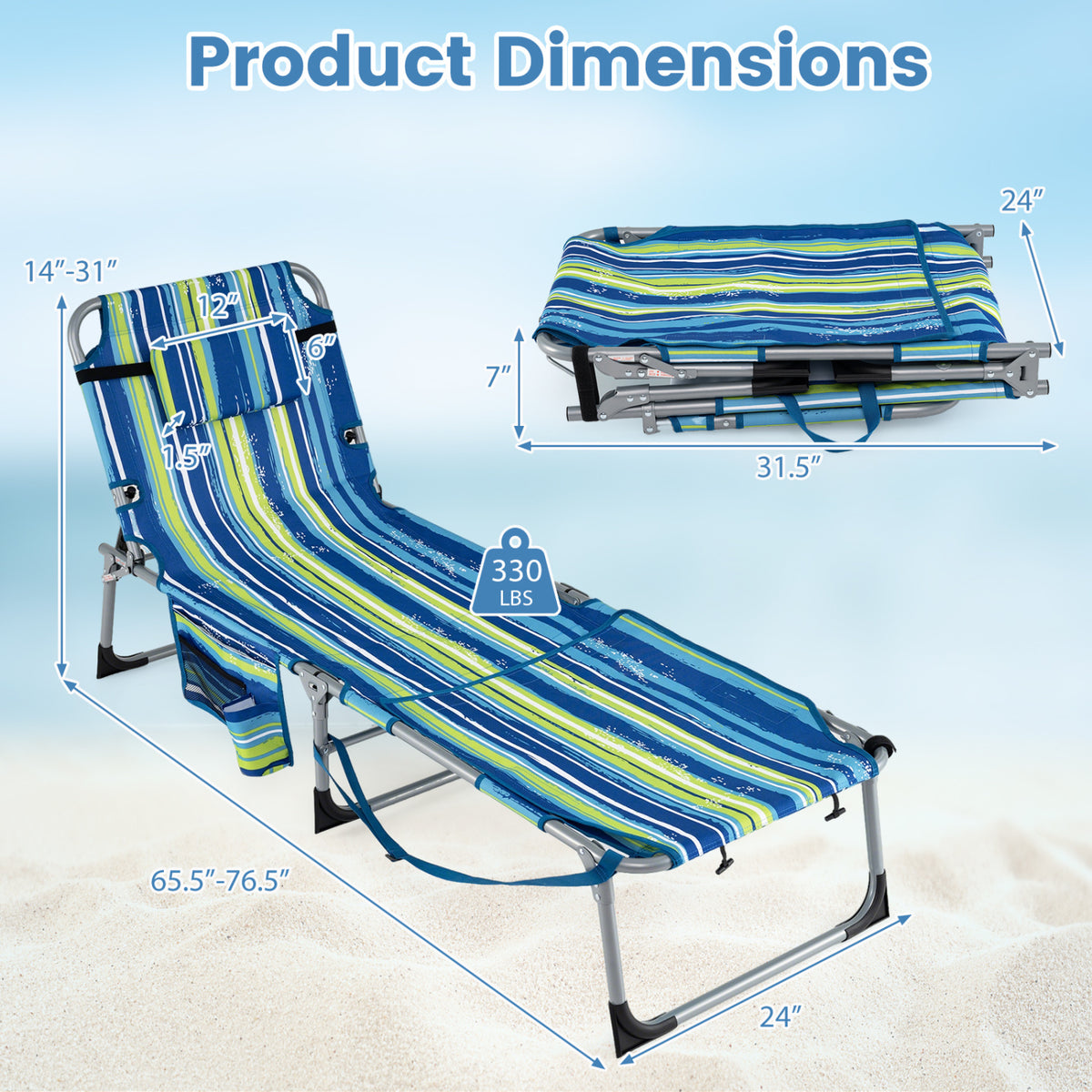 Set of 2 Tanning Chairs with Face Arm Holes Portable with 4-Level Backrest-Blue & Green