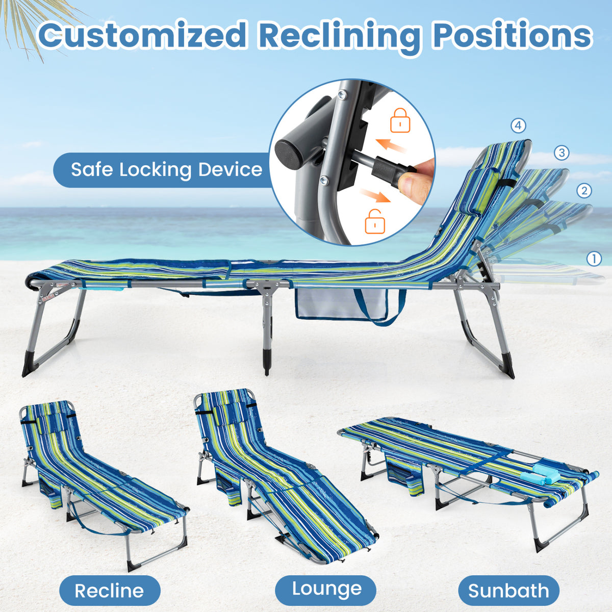 Set of 2 Tanning Chairs with Face Arm Holes Portable with 4-Level Backrest-Blue & Green