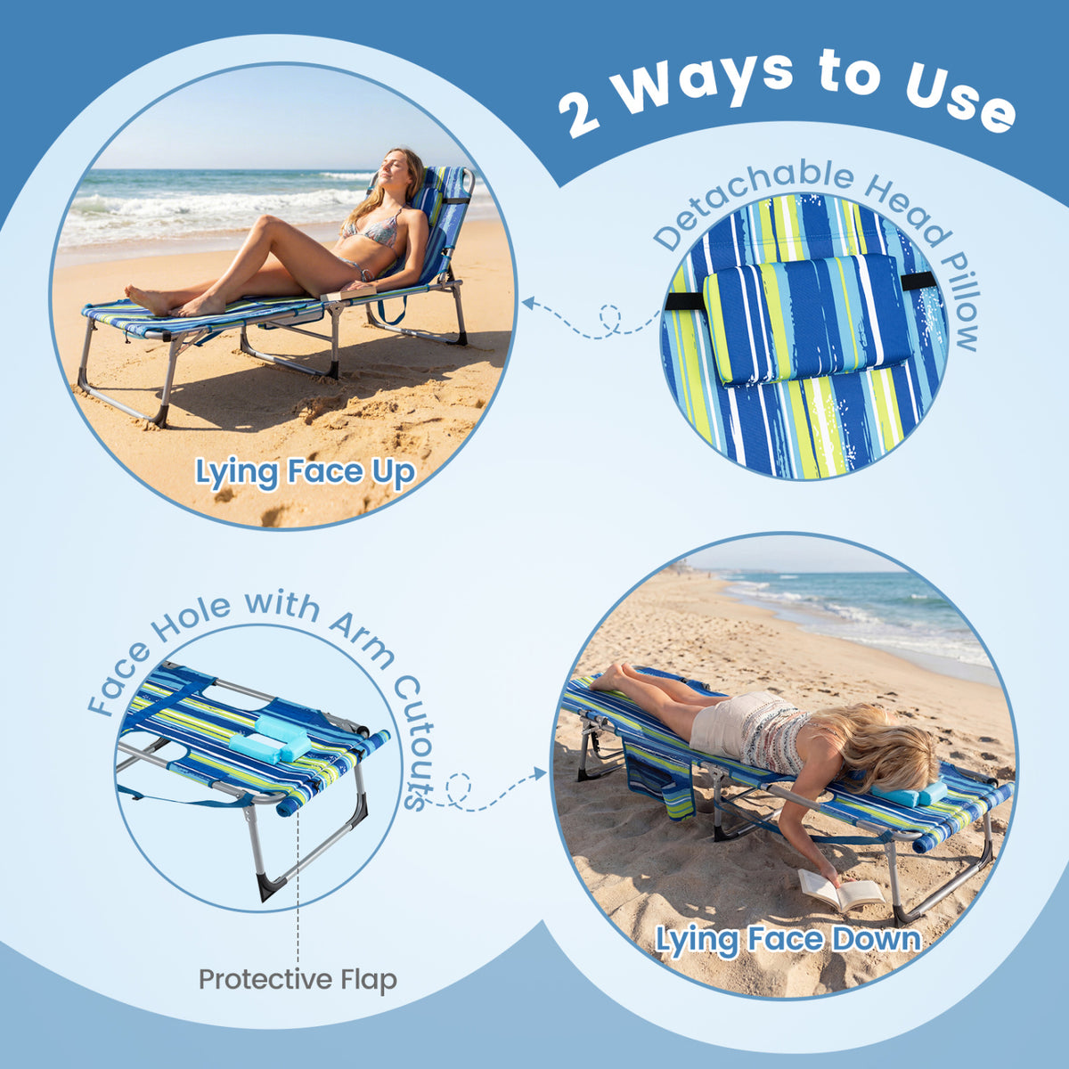Set of 2 Tanning Chairs with Face Arm Holes Portable with 4-Level Backrest-Blue & Green