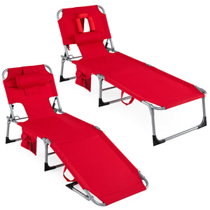 Set of 2 Tanning Chair Portable Chaise Lounge Chair with 4-Position Adjustable Backrest-Red