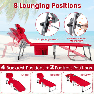 Set of 2 Tanning Chair Portable Chaise Lounge Chair with 4-Position Adjustable Backrest-Red
