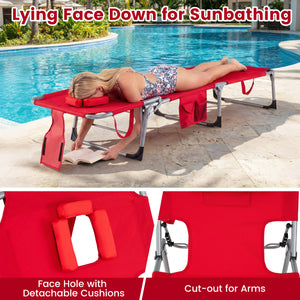 Set of 2 Tanning Chair Portable Chaise Lounge Chair with 4-Position Adjustable Backrest-Red