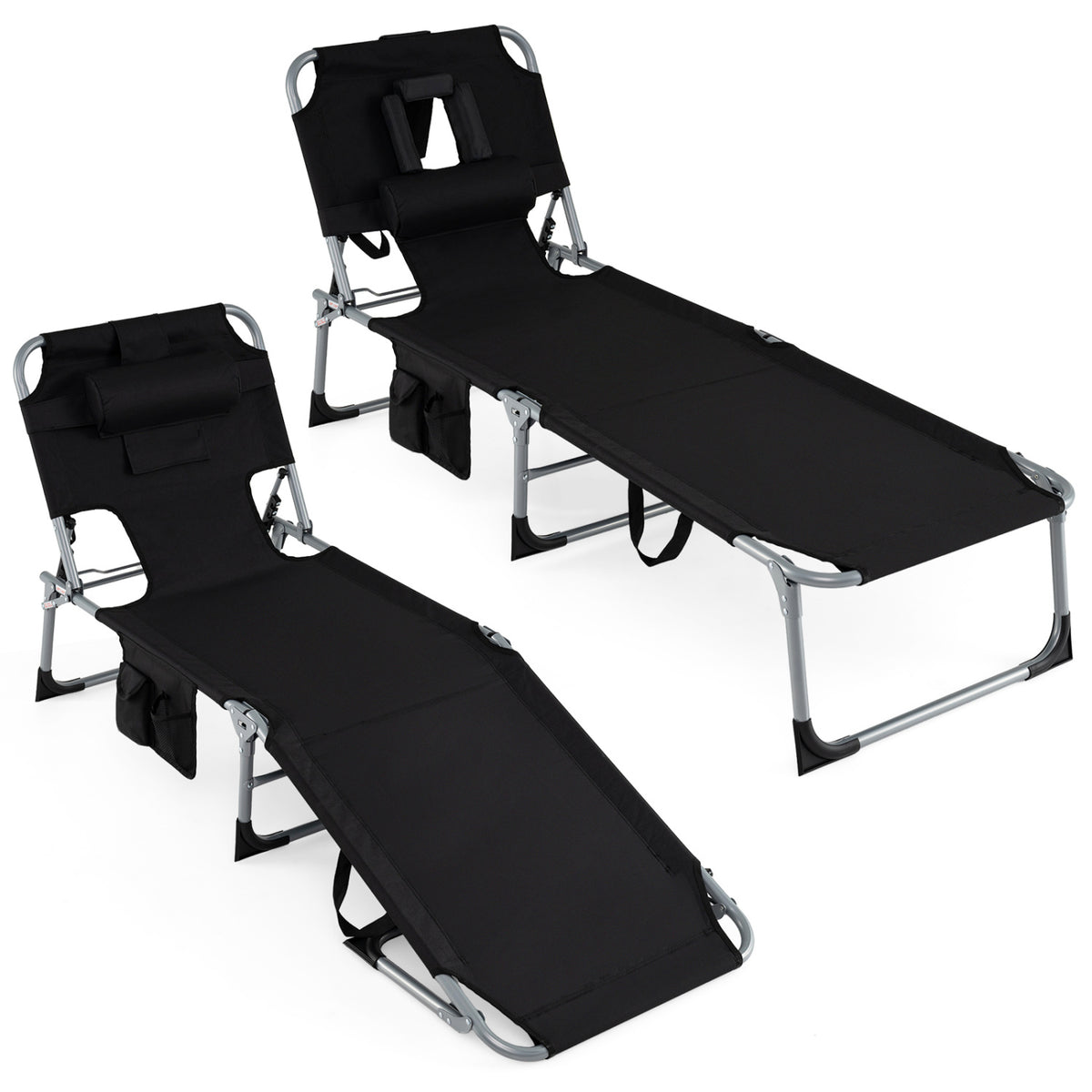 Set of 2 Tanning Chair Portable Chaise Lounge Chair with 4-Position Adjustable Backrest-Black