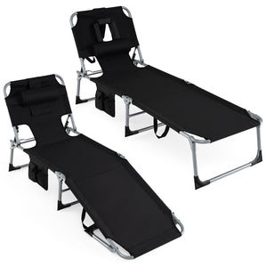 Set of 2 Tanning Chair Portable Chaise Lounge Chair with 4-Position Adjustable Backrest-Black