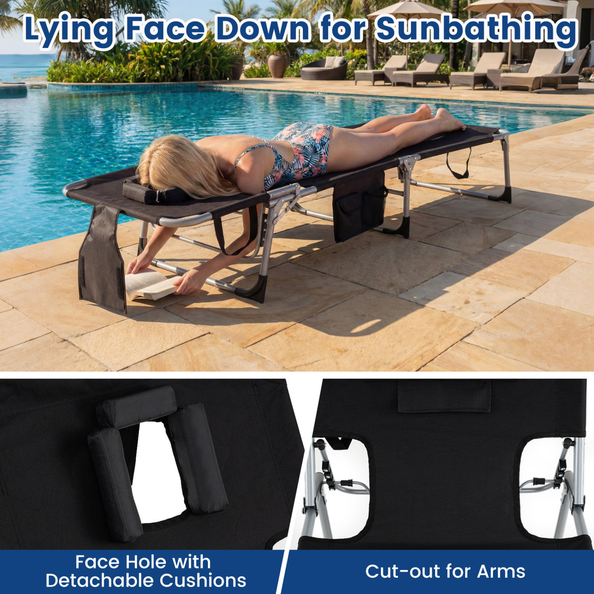 Set of 2 Tanning Chair Portable Chaise Lounge Chair with 4-Position Adjustable Backrest-Black