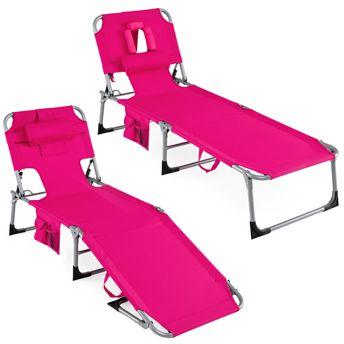 Set of 2 Tanning Chair Portable Chaise Lounge Chair with 4-Position Adjustable Backrest-Pink