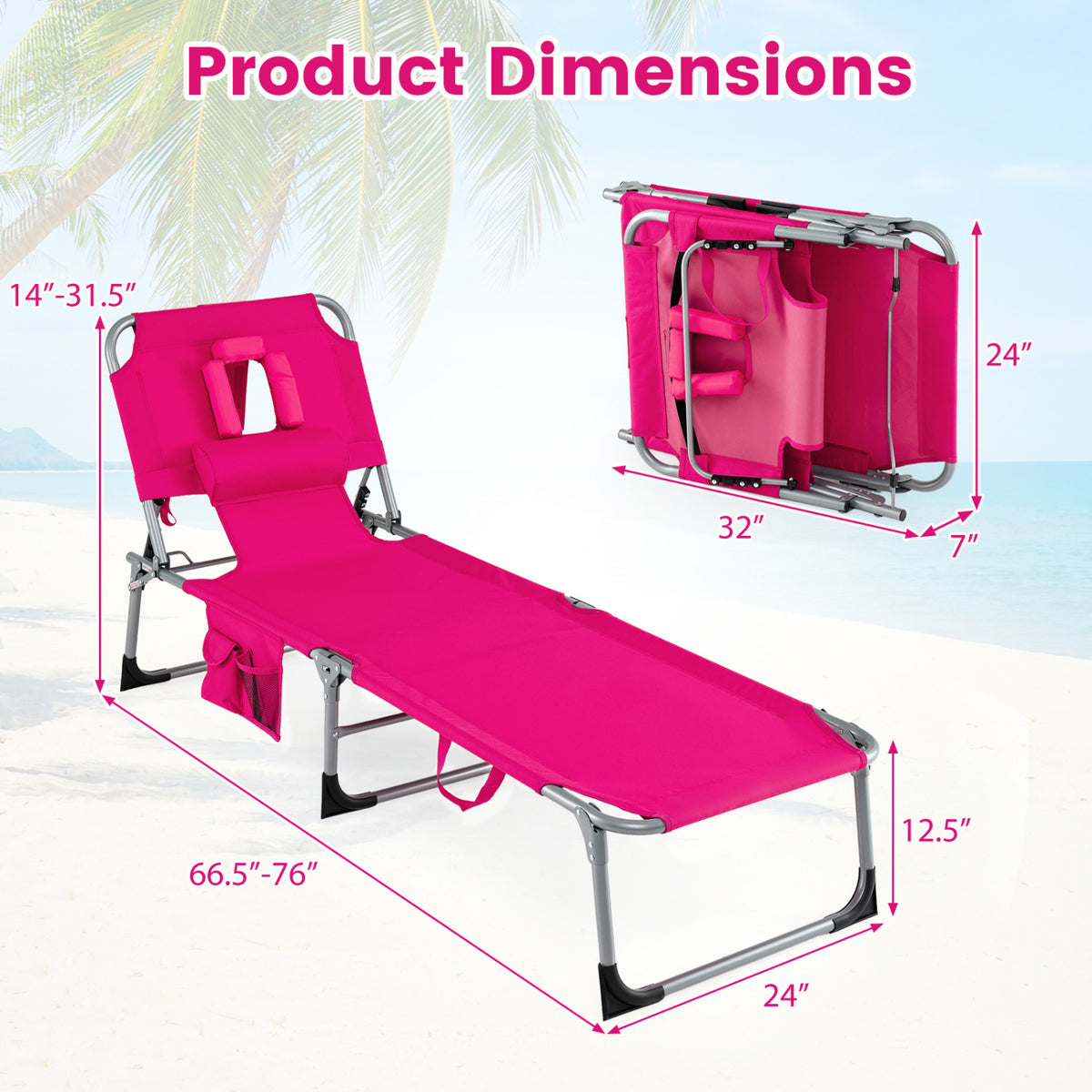 Set of 2 Tanning Chair Portable Chaise Lounge Chair with 4-Position Adjustable Backrest-Pink