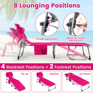 Set of 2 Tanning Chair Portable Chaise Lounge Chair with 4-Position Adjustable Backrest-Pink