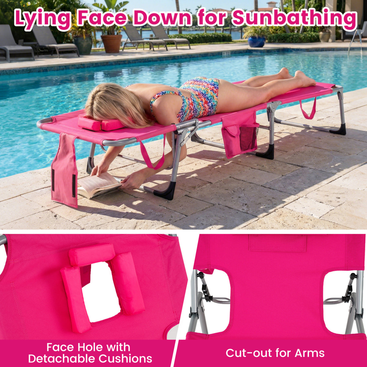 Set of 2 Tanning Chair Portable Chaise Lounge Chair with 4-Position Adjustable Backrest-Pink
