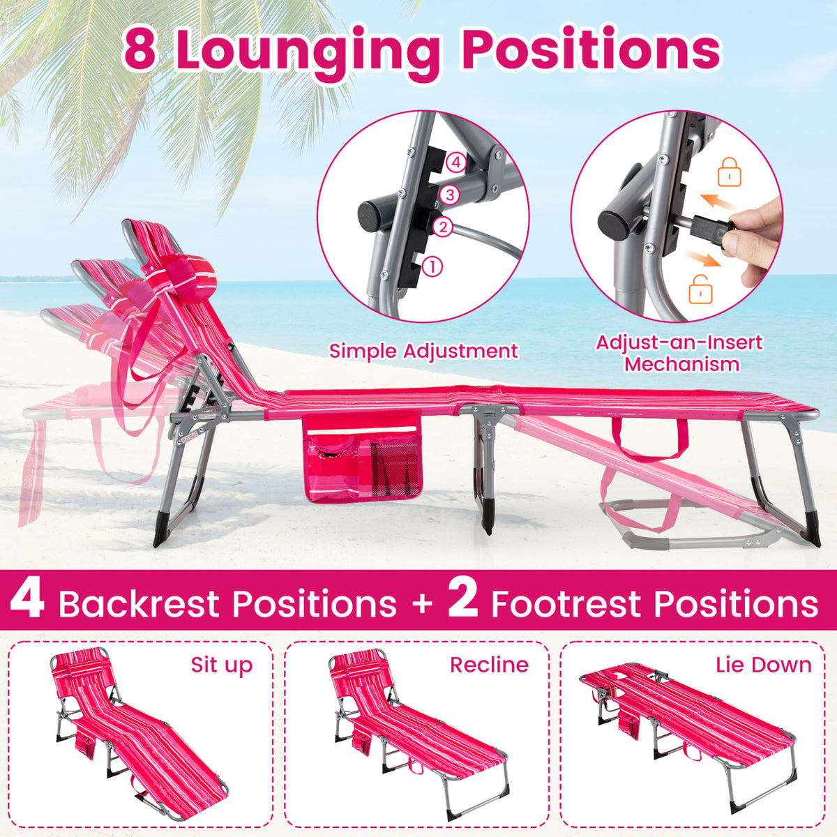 Set of 2 Tanning Chair Portable Chaise Lounge Chair with 4-Position Adjustable Backrest-Pink Stripe