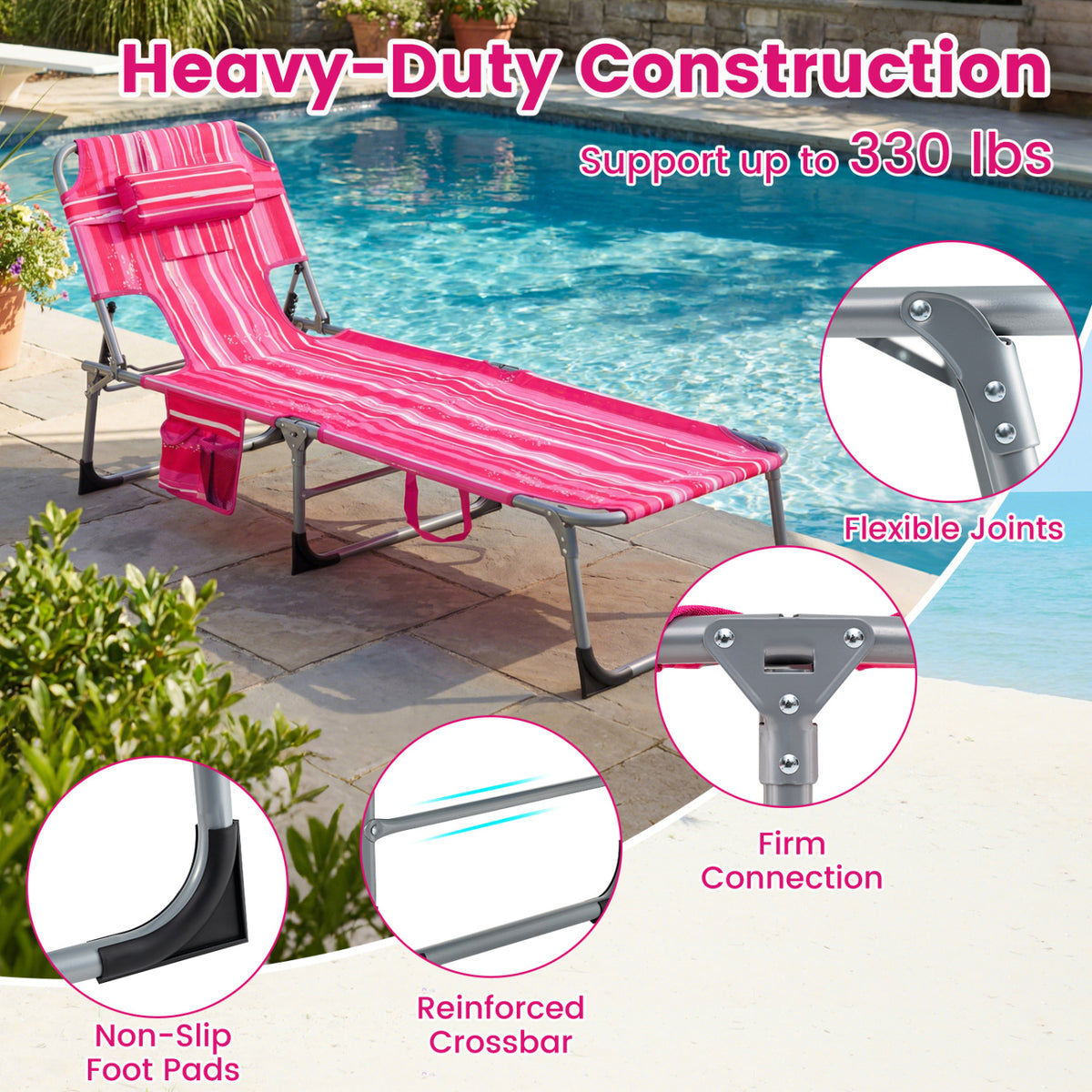 Set of 2 Tanning Chair Portable Chaise Lounge Chair with 4-Position Adjustable Backrest-Pink Stripe