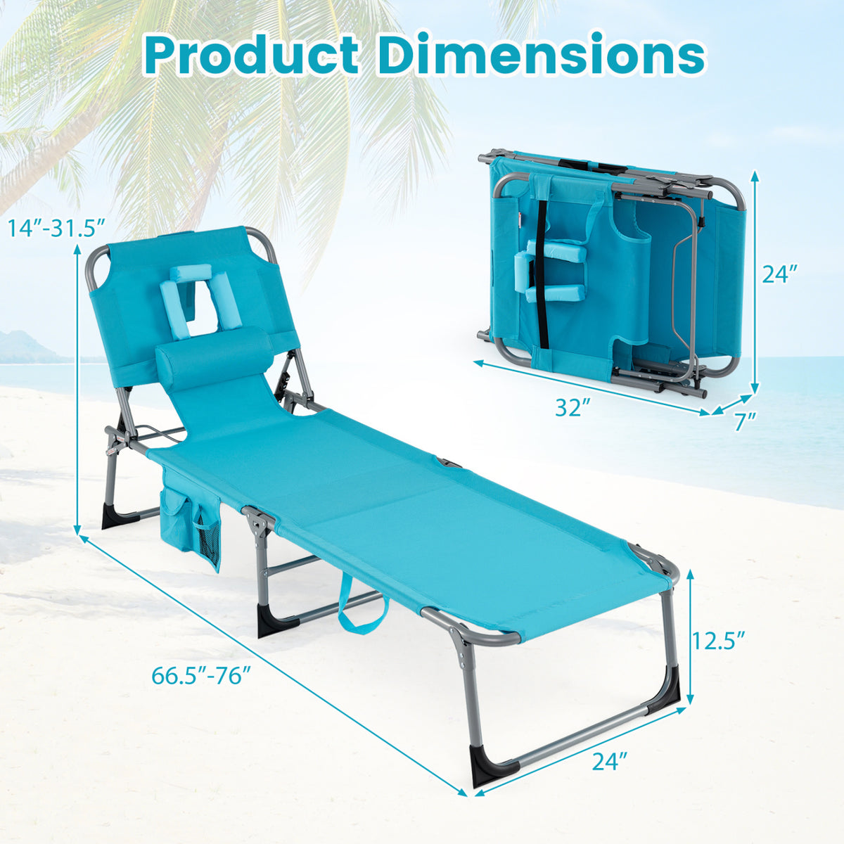 Set of 2 Tanning Chair Portable Chaise Lounge Chair with 4-Position Adjustable Backrest-Multicolor
