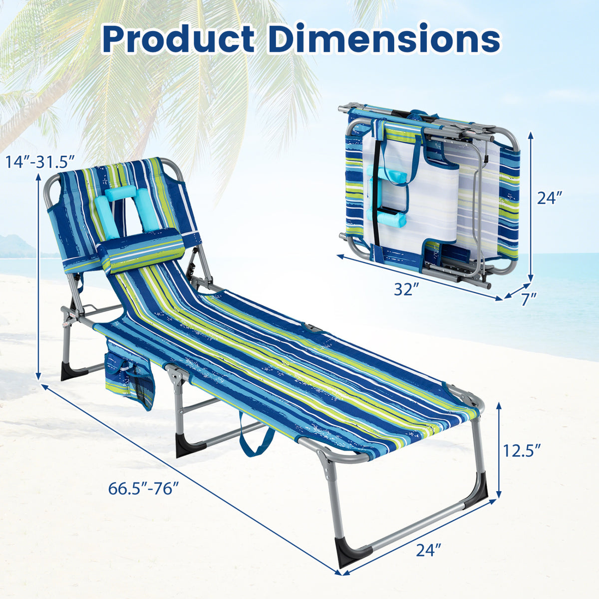 Set of 2 Tanning Chair Portable Chaise Lounge Chair with 4-Position Adjustable Backrest-Turquoise