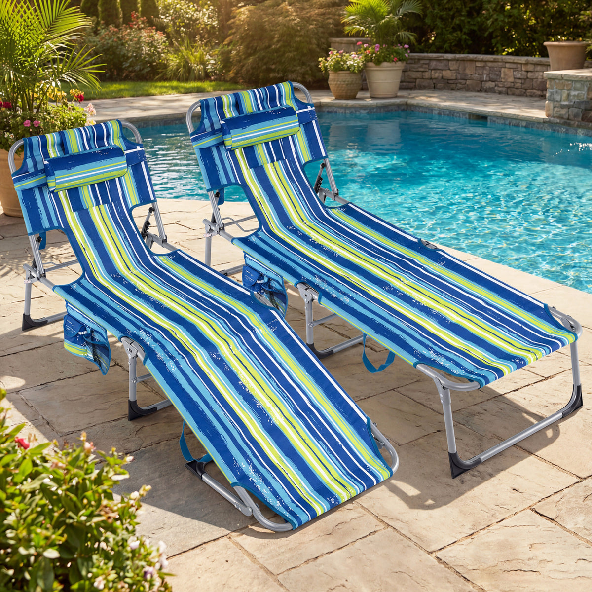 Set of 2 Tanning Chair Portable Chaise Lounge Chair with 4-Position Adjustable Backrest-Turquoise