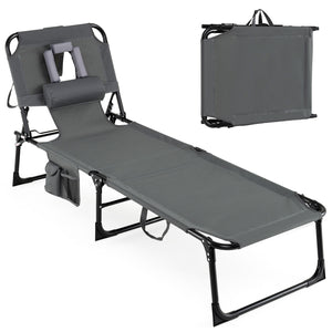 Set of 2 Tanning Chair Portable Chaise Lounge Chair with 4-Position Adjustable Backrest-Gray